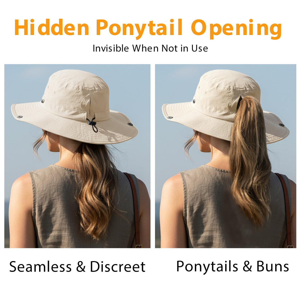 Women’s Sun Hat with Hidden Ponytail Opening, Wide Brim UPF 50+ Waterproof Nylon Bucket Rain Hat with Removable Chin Strap for Outdoor