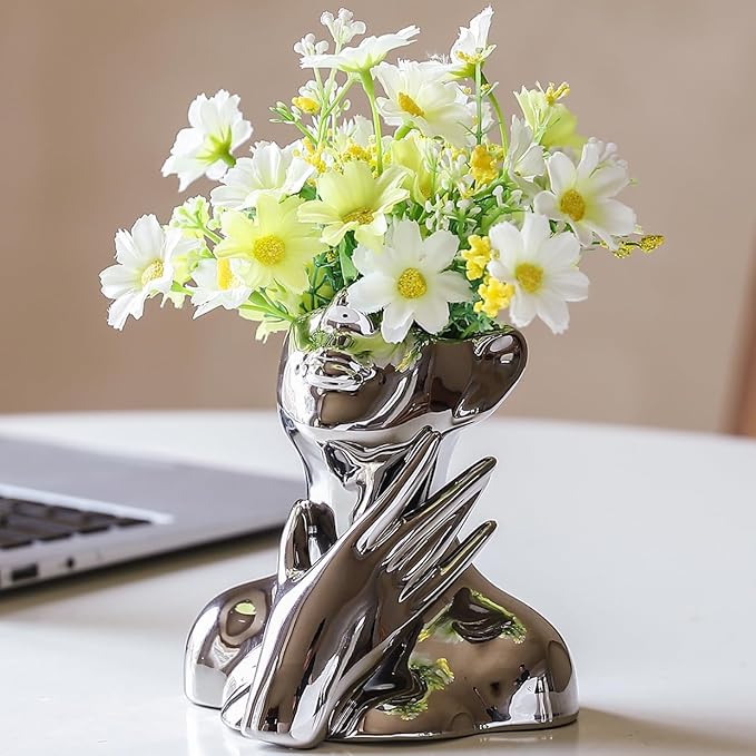 BrownLove Silver Ceramic Face Vase, Modern Silver Decorative Art Vase, Bookshelf Placed On The Desktop, Small Living Room, Office and Bedroom