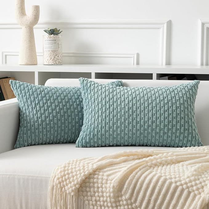 Kevin Textile Throw Pillow Covers Soft Corduroy Decorative Set of 2 Boho Striped Pillow Covers Pillowcases Farmhouse Home Decor for Couch Bed Sofa Living Room 12x20 Inch Dusty Green