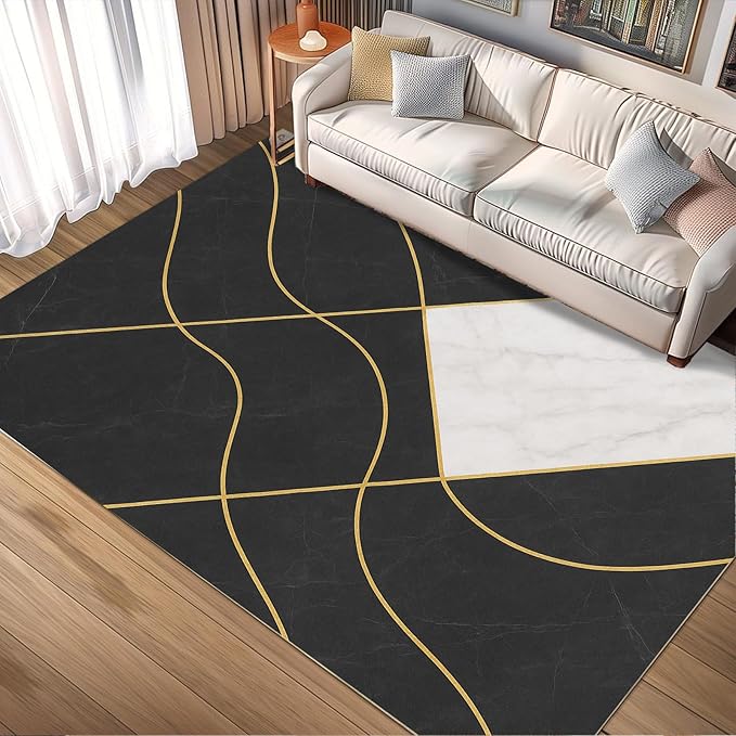 Geometric Marble Rug - 6x9 Area Rugs, Abstract Lines Kids Rugs, Luxury Marble Area Rug, Washable & Non Slip Large Rug Home Decor