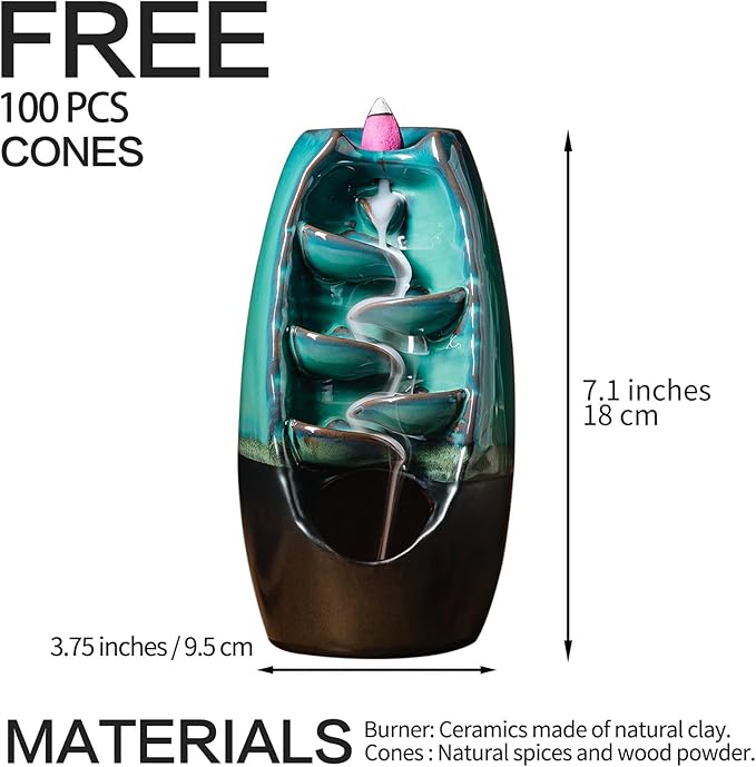 INONE Ceramic Incense Burner with 100 Upgraded Cones, Waterfall Backflow Incense Holder, Aromatherapy Ornament, Zen Decor, Home Decor, Room Decor (Cyan)