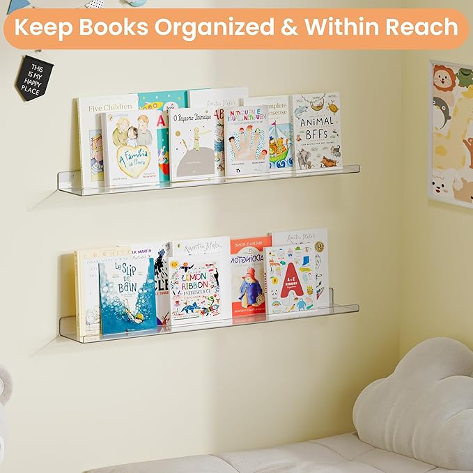 upsimples 2 Pack 35.5x5.5 Inches Acrylic Shelves for Wall Storage, Floating Bookshelves for Kids, Display Shelf Organizer for Bathroom, Bedroom, Living Room, Kitchen, Clear