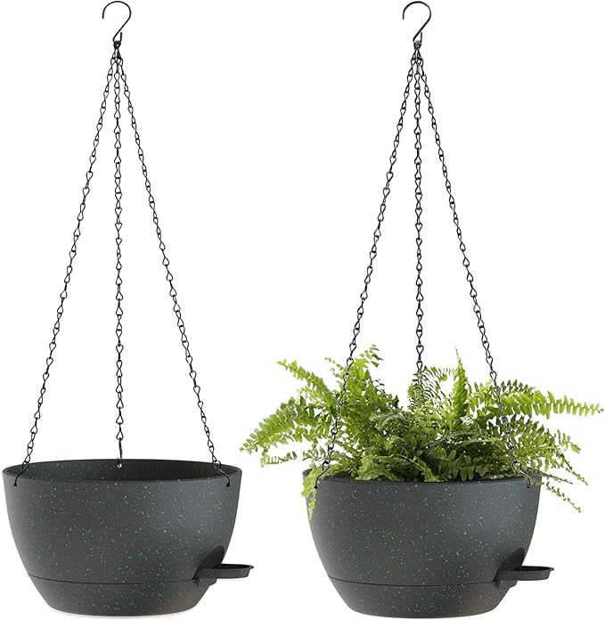 12 Inch Hanging Baskets 2 PC with Chains, Self-Watering Hanging Planters for Indoor Outdoor Plants, Plastic Hanging Flower Pots, Black with Green Speckles