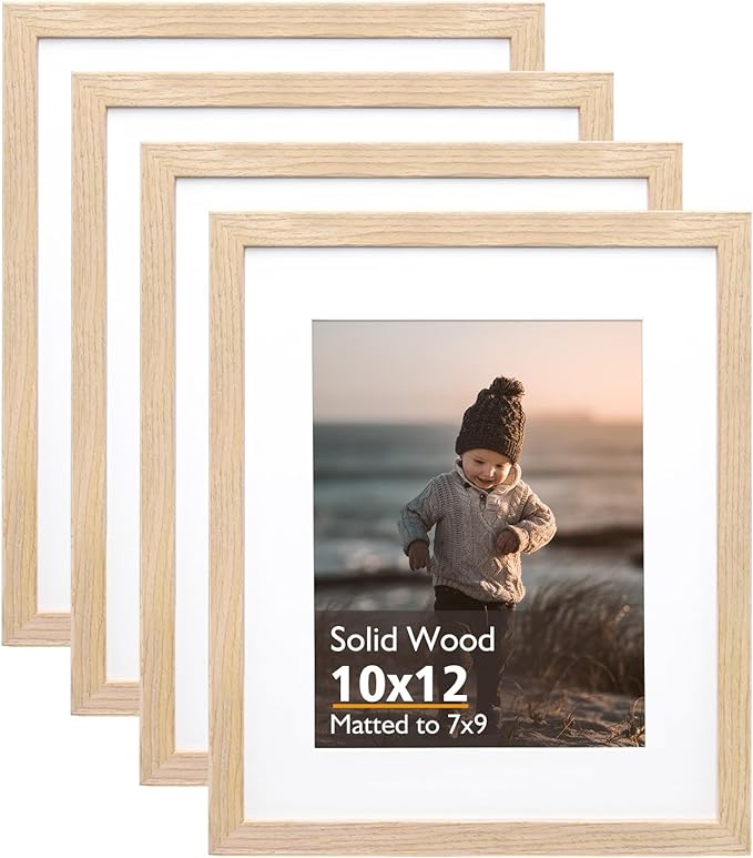 KINLINK 10x12 Picture Frame Natural, Solid Wood Frames with Acrylic Plexiglass for Pictures 7x9 with Mat or 10x12 without Mat, Tabletop and Wall Display Photo Frame, Set of 4