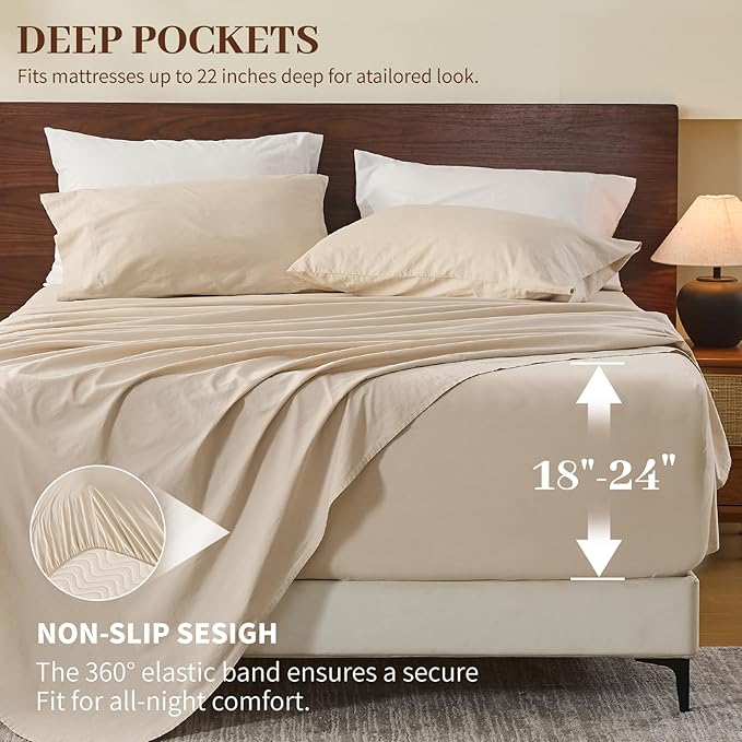 MEISHANG 100% French Pure Linen Sheets King Size - Extra Deep Pocket Sheet Set, Soft Durable Flax Linen, Anti-Tear Breathable & Oeko-Tex Certified 18-24 Deep Pocket,All Season(Linen)