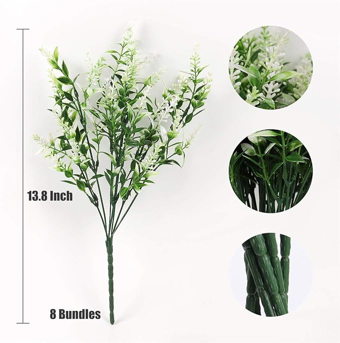 RECUTMS Artificial Plants Lavender, 8 Bundles Outdoor UV Resistant Greenery Fake Shrubs Simulation Plants Indoor Outside Hanging Planter Home Garden Decor (White)