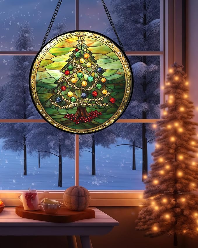 Stained Glass Window Hanging - Green Christmas Tree Gold Ribbon Suncatcher for Doors Home Christmas Decoration Sun Catcher Thanksgiving New Year Birthday Gifts for Women Men Mom Nana 9.8 in