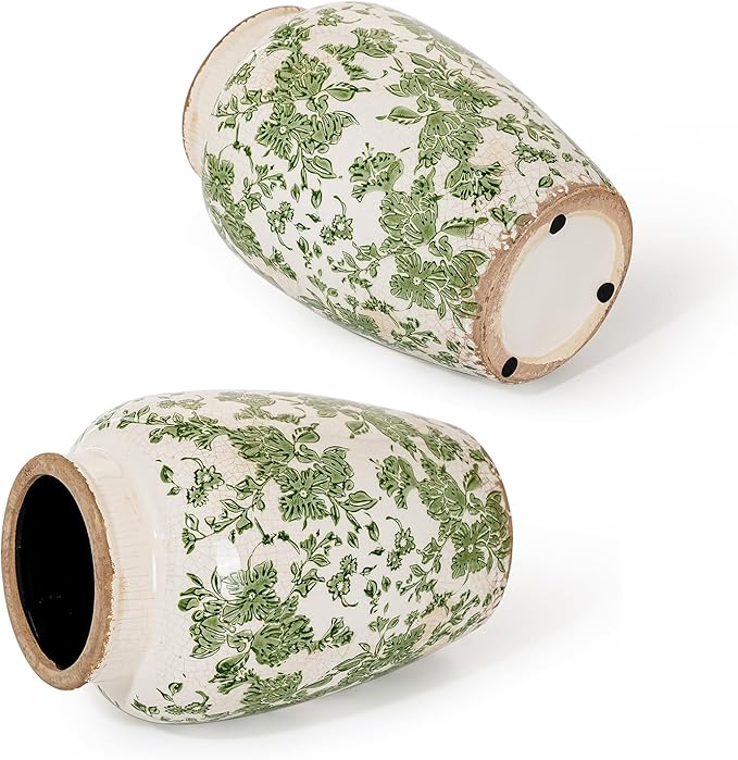 Sungmor Ceramic Flower Vase, Vintage Ice Cracked Glaze Porcelain Vase, Pretty Home Decor Vase for Flower Arrangement, Fresh Flowers, 10.2 Inch Tall Chinoiserie Pottery Vase, Green Floral Pattern