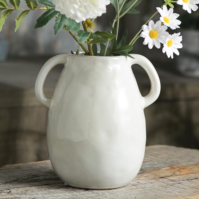 White Ceramic Vase with 2 Handles, Modern Farmhouse Decor, Rustic Terracotta Pottery, Decorative Flower Vases, Clay Small Vase, Centerpiece for Dining Table - 7 Inch Tall