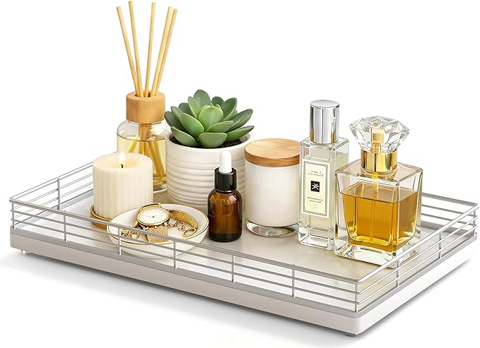 Large Bathroom Vanity Tray – 13" x 8" Oak Decorative Wooden Tray for Bathroom Countertop & Vanity Organizer, Wood Tray for Perfume, Skincare & Accessories Storage, Vanity Dresser Decor Sliver & White
