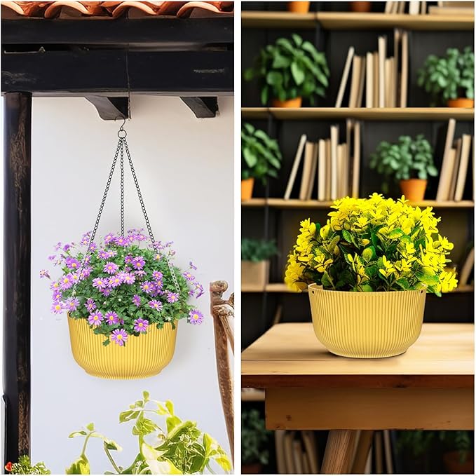 Hanging Planters 9/10/11 Inch for Indoor Plants, 3 Pack Plant Hanger Outdoor with Drainage Holes, Self Watering Hanging Basket Flower Pot for Garden Home Decor, Yellow