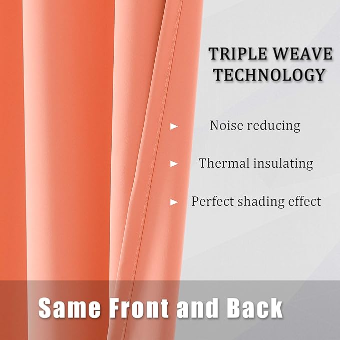DUALIFE Light Peach Coral Colored Curtains 63 Inches Long 2 Panels Set Thermal Insulated Grommet Room Darkening Curtain Panels for Girls Bedroom 42 W x 63 L Inch Orange Coral