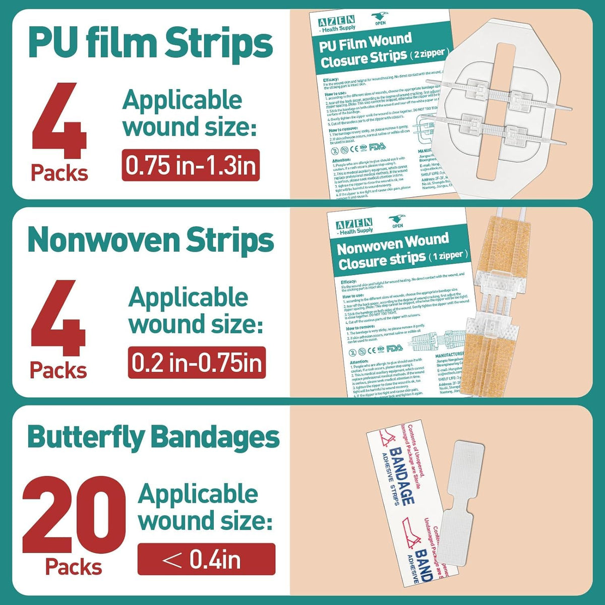 AZEN 28 Pack Wound Closure Strips, 3 Types Butterfly Bandages, Emergency Laceration Closure Kit, Repair Wounds Without Stitches, Quick Clot Zip Stitch Wound Closures Device