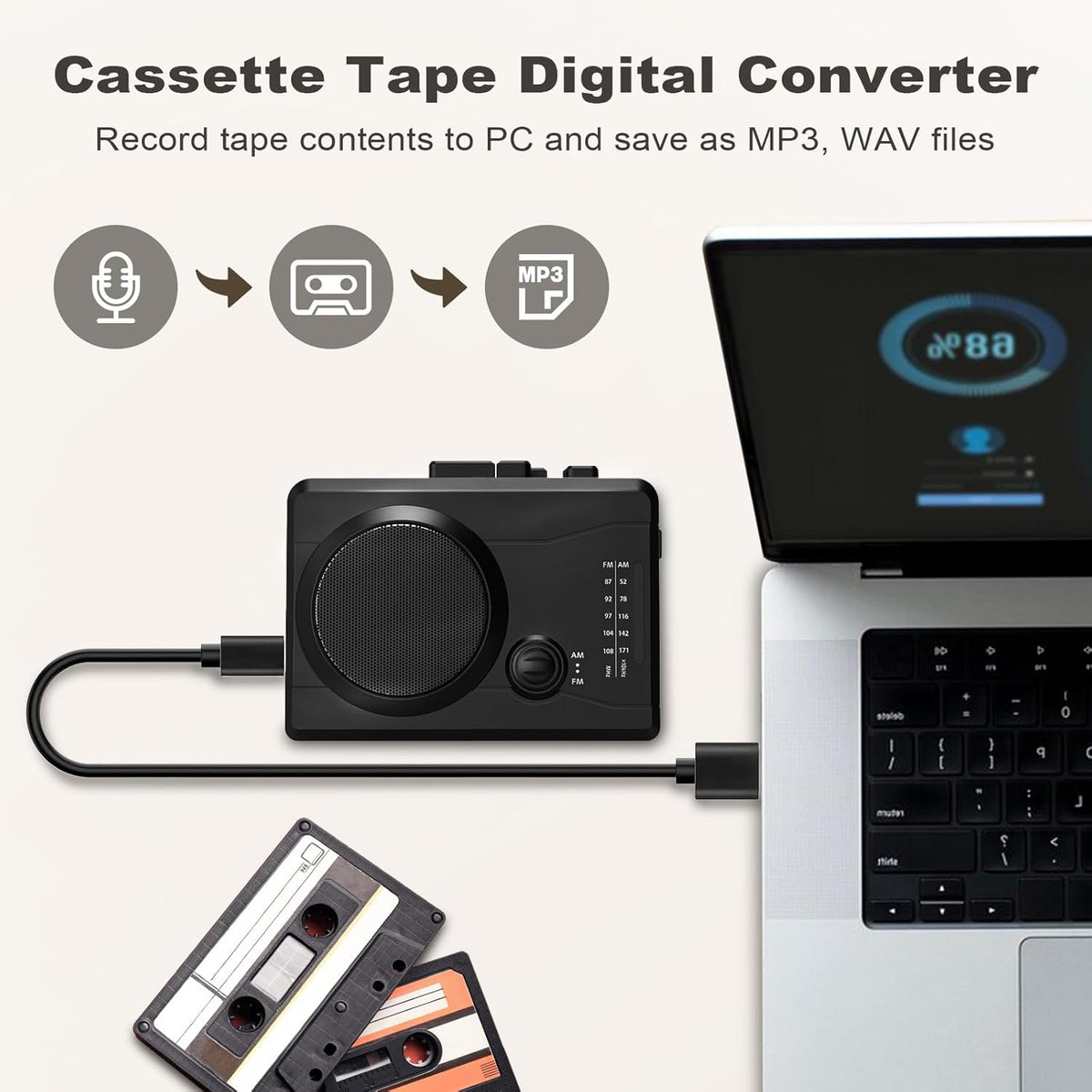Cassette Cassette MP3 Portable Player & Recorder, Tape to Digital Converter, AM/FM Radio Station, Reverse Recording