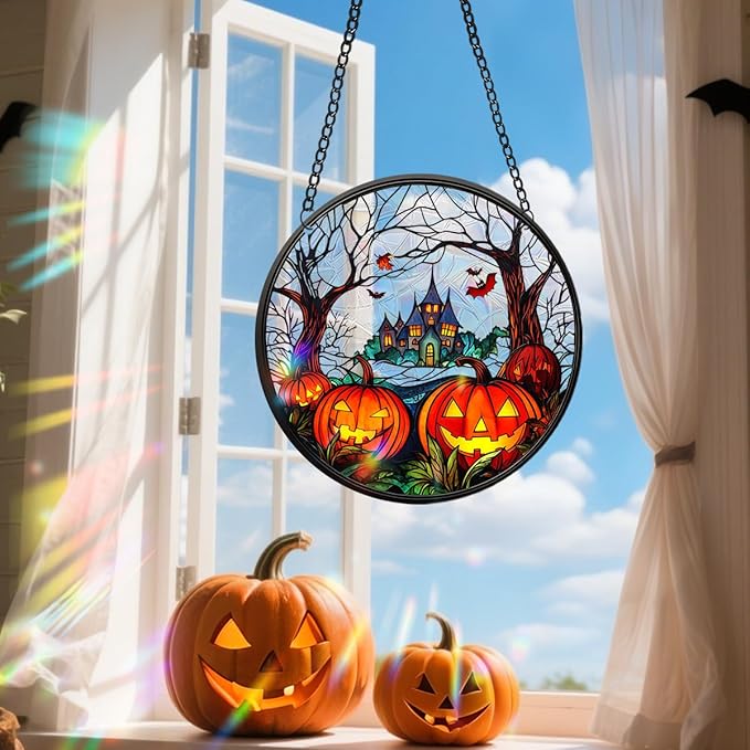 Halloween Sun Catcher - 8 Inch Round Suncatcher for Window Hanging Decoration - Creates Indoor Rainbows Light Refraction - Spooky Ghost, Witch, Pumpkin Design - Suction Cup Hook & Chain
