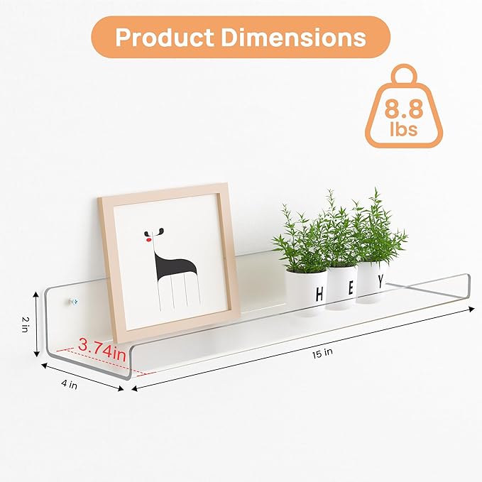 upsimples 6 Pack Acrylic Shelves for Wall Storage, 15" x 4“ Floating Bookshelves for Kids, Display Shelf Organizer for Bathroom, Bedroom, Living Room, Kitchen, Room Decor, Clear