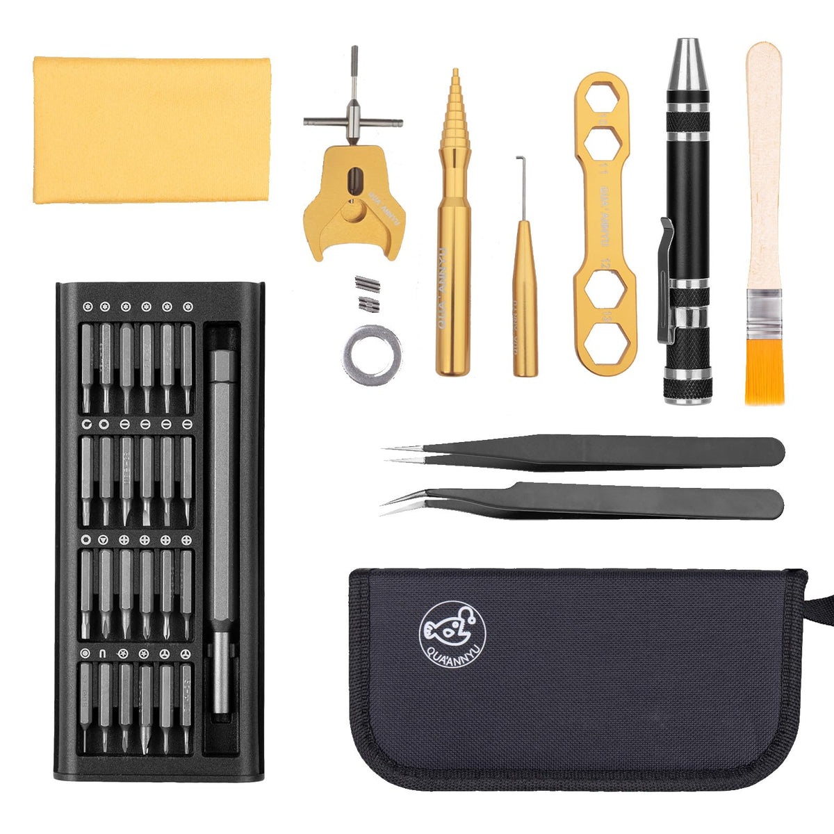 QUA'ANNYU Fishing Reel Maintenance Kit, Professional Fishing Reel Care & Repair Tool Set with 24/30/38-in-1 Screwdriver Set (Gold+Manual Screwdriver)