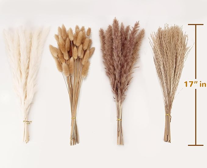 Dried Pampas Grass Decor, 100 Stems Pampas Grass Contains Bunny Tails Dried Flowers, Reed Grass Bouquet for Wedding Boho Flowers Home Table Decor, Rustic Farmhouse Party (17", White and Brown)