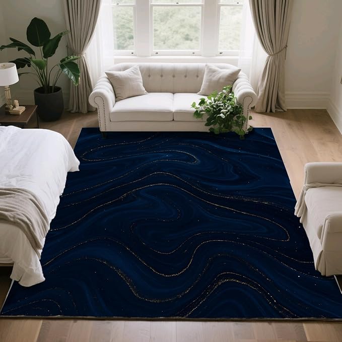 Luxury Marble Rug - 6x8 Area Rug, Navy Blue Marble Rugs, Modern Abstract Dining Room Rugs, Washable & Non Slip Large Carpet Home Decor