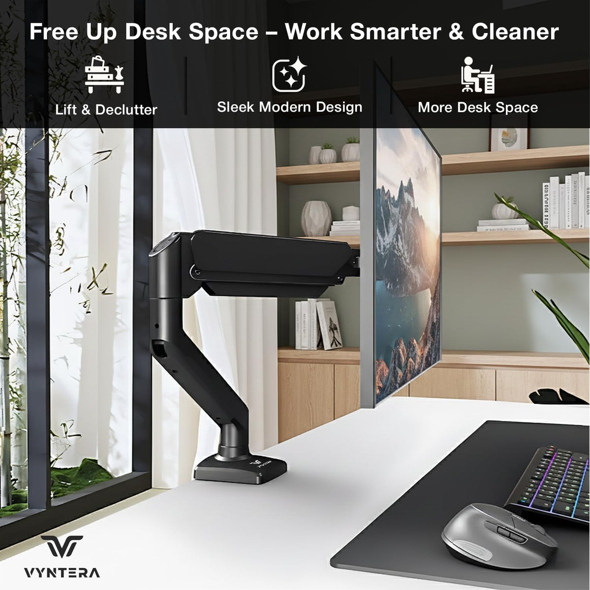 VYNTERA 1334 Setup Single Monitor Arm Desk Mount Adjustable Gas Spring Monitor Stand for Screens, Full Motion Swivel