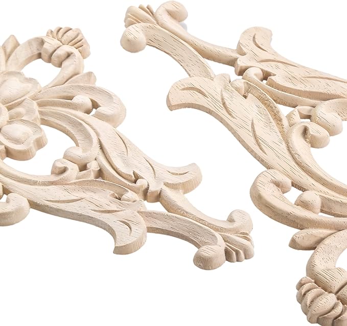 MUXSAM Wood Carved Appliques Furniture Decorative Onlays, 4Pcs Unpainted DIY Center Carving Decal for Door Wall Ceiling Cabinet Dresser Mirror Bed Mantel Bench Decoration, 32x16cm/12.6"x6.3"