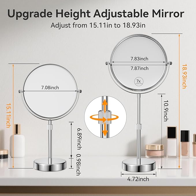 Nicesail Makeup Mirror Tabletop 8 Inch Double-Sided with 7X Magnification, Magnifying Mirror with Pedestal for Shaving Mirror, Height Adjustable for Make up Vainity Table, Chrome Finish (8 Inch, 7X)