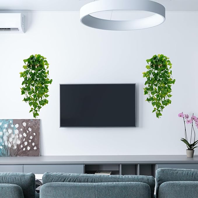 BLEUM CADE Fake Hanging Plants, 2pcs Artificial Hanging Plant, Faux Pothos Vines Greenery for Wall Home Living Room Office Indoor Outdoor Decor (No Baskets)