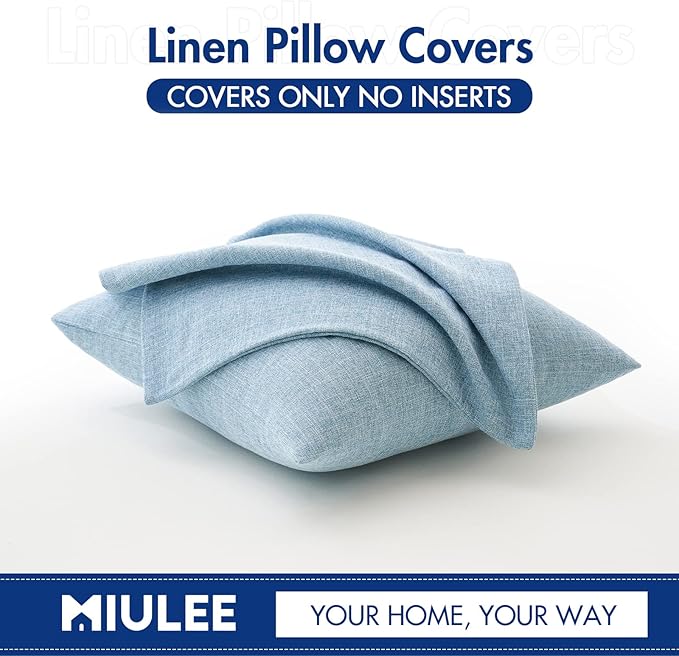 MIULEE Pack of 2 Decorative Linen Burlap Textured Pillow Covers Farmhouse Boho Accent Pillowcases Spring Coastal Home Decor for Couch Sofa Bedroom Living Room 18x18 Inch Light Blue