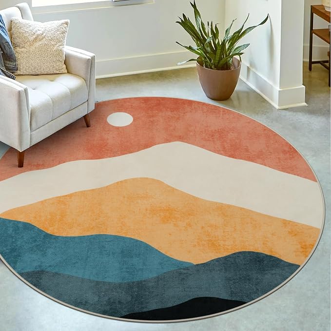 Abstract Round Rug for Bedroom 4ft, Faux Wool Soft Area Circle Area Rug, Boho Washable Low Pile Classroom Rugs, Carpet for Living Room Sofa Bathroom Nursery Kids Room Decor