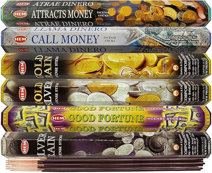 Hem Incense Sticks Variety Pack #29 and Incense Stick Holder Bundle with 6 Money and Good Luck Fragrances