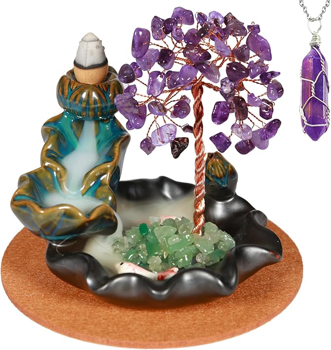 Amethyst Incense Holder Burner, Waterfall Fountain Backflow Cone Burner, Healing Crystal and Stone, Women Gifts for Christma