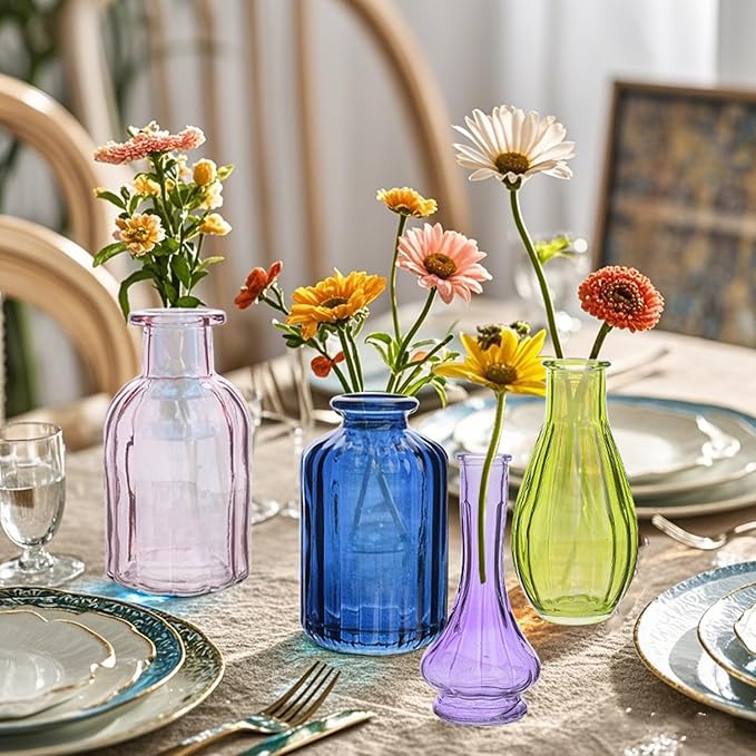 Eleganttime Bud Vases for Flowers,Glass Colored Bud Vase in Bulk Set of 10,Small Vintage Vase Bottle for Wedding Decorations,Garden and Home Decor,Centerpieces,Colorful Mexican Décor