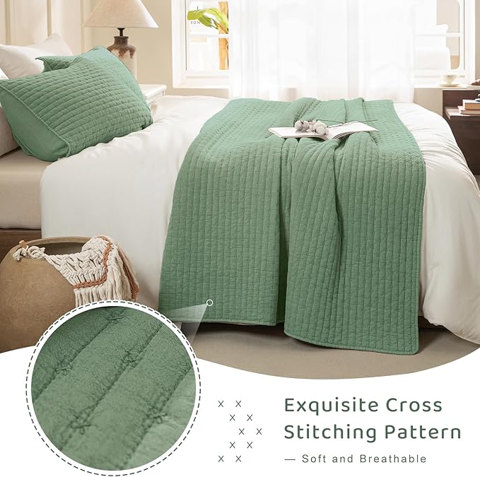 Sanracie Stonewashed Cotton Coverlet Queen Size(90"x98"), Green Ultra Soft Crinkle Quilt Bedding Set 3Pcs Cross Stitch Pattern Lightweight Breathable Bedspread Set for All Season