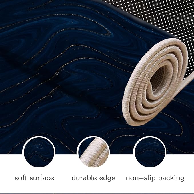 Luxury Marble Rug - 3x6 Runner Rug, Navy Blue MarbleModern Abstract Bedside Rugs, Washable & Non Slip Carpet Home Decor