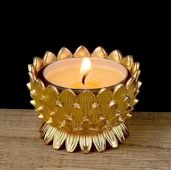 Lotus Flower Votive Tealight Candle Holder,Copper Buddhist Candlestick Holder,Tibetan Buddhist Water Offering Cup,Oil Lamp Holder for Meditation Buddha Altar with 4PCS Floating Canldes (Gold)