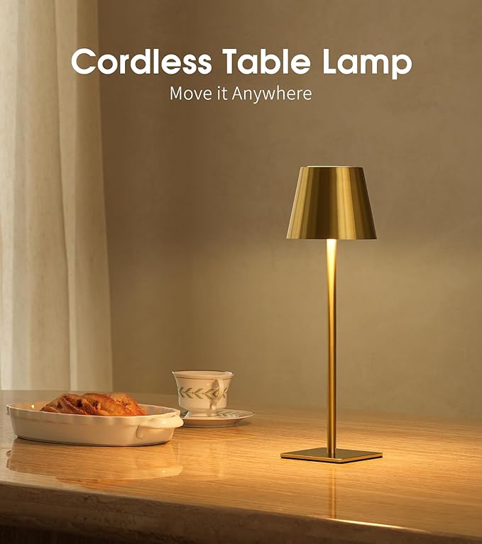 UME Cordless Table Lamp, Battery Operated Lamp - Portable Waterproof Rechargeable Table Lamp w/ 3 Color Temps & Stepless Dimming for Dinner, Desk, Cafe, Outdoor (Brushed Gold)