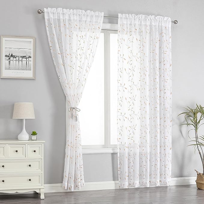 VISIONTEX White Sheer Voile Curtains, Decorative Orange Leaves Embroidery Faux Linen Rod Pocket Window Drapes for Home Kitchen, Living Room and Bedroom 54 x 84 Inch, Set of 2 Curtain Panels