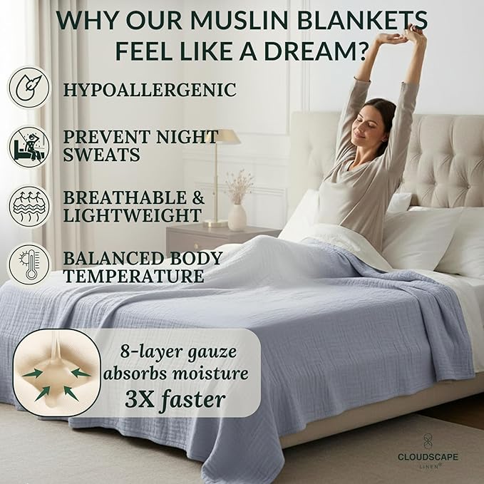 Cloud Scape Linen 8-Layer Muslin Blanket Queen Size - 100% Cotton, Soft and Breathable, Oversized Winter Blanket, Fits up to Full Size Bed, 92x92, Lavender Blue