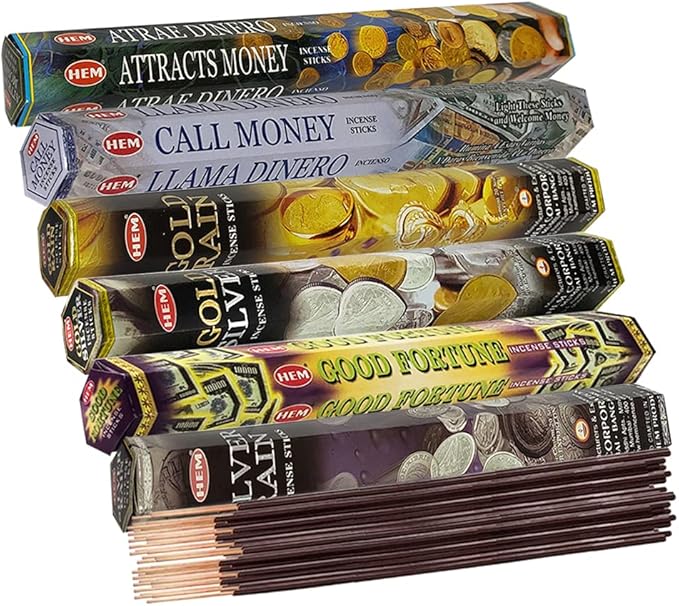 Hem Incense Sticks Variety Pack #29 and Incense Stick Holder Bundle with 6 Money and Good Luck Fragrances