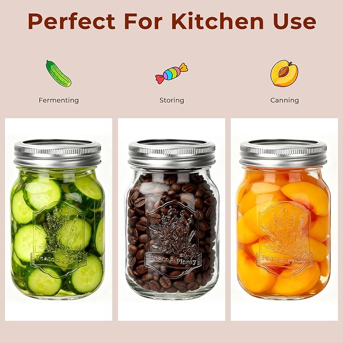 CycleMore 16oz Mason Jars, 15 Pack Embossed Glass Canning Jars with Lids and Bands, Overnight Oats Containers for Canning, Pickling, Food Storage, DIY Projects