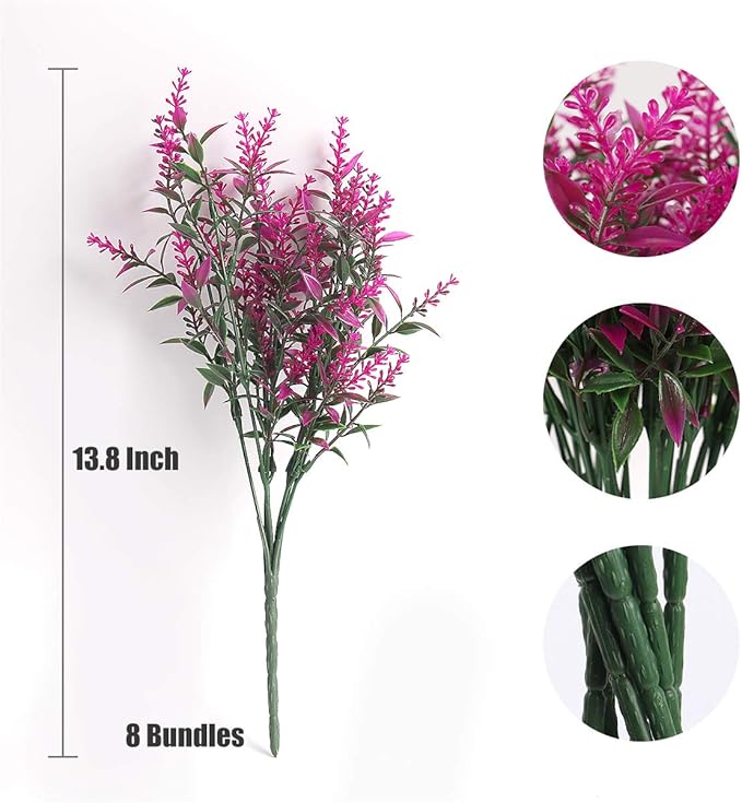 RECUTMS 8 Bundles Artificial Flowers Fake Outdoor Plants Faux Lavender Flower Plastic Shrubs Faux Flowers Fake Ferns Winter Artificial Fowers for Outdoors Indoor Outside Hanging Decorations (Fuchsia)