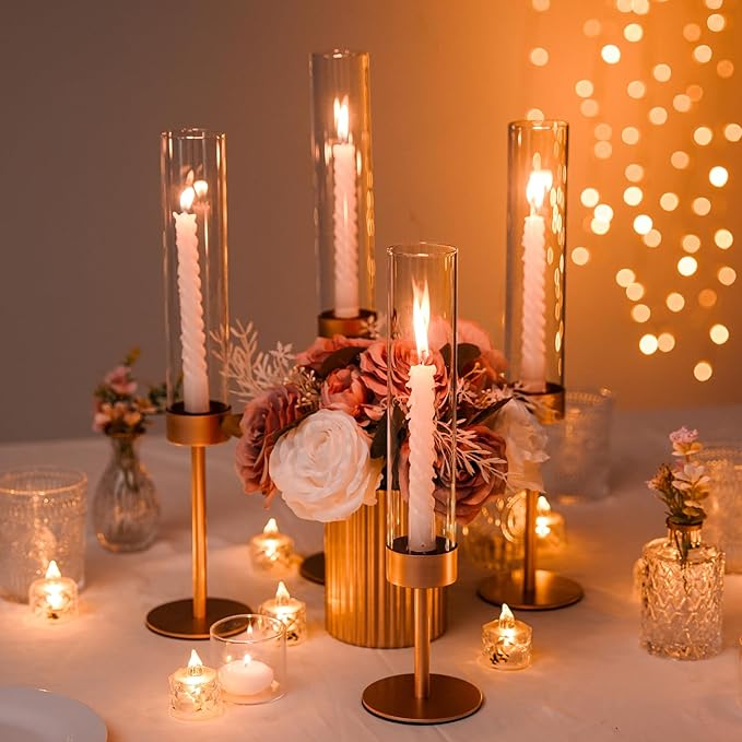 Glass Hurricane Candlestick Holders Gold - Romadedi Set of 6 Taper Candle Holder Bulk Tall Clear Glass Cylinder Table Centerpiece Wedding Decor Party Birthday Christmas Home Decorations