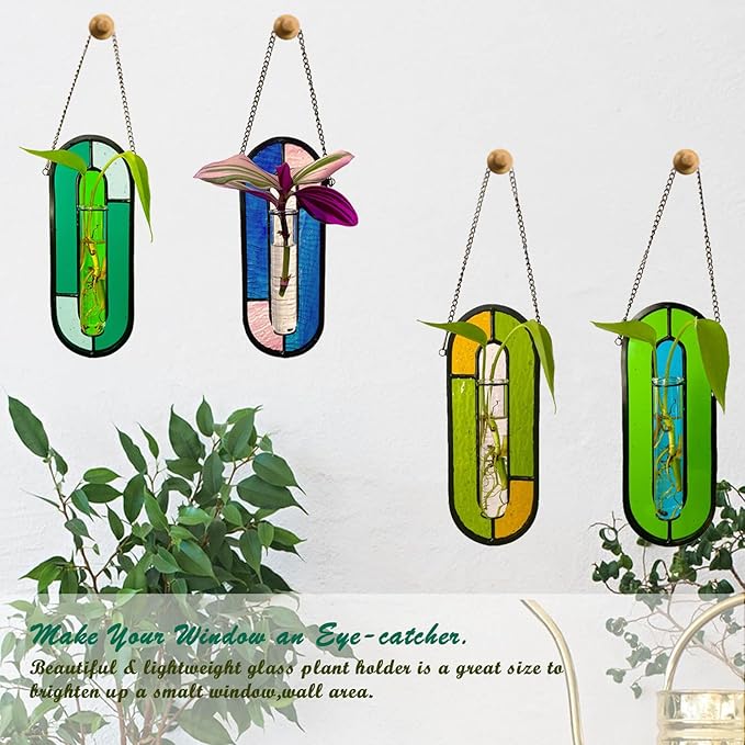 LITMIND Stained Glass Plant Propagation Station, Hanging Hydroponic Planter Terrarium with 2 Glass Tubes - Perfect for Home & Garden Décor