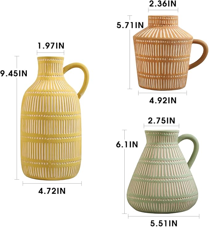Boho Ceramic Vase Set of 3 for Living Room Bedroom Modern Yellow Brown Green Fake Flower Plant Vases for Home Decor Office Centerpieces Antique Retro Rustic Farmhouse Vintage Classic Gift