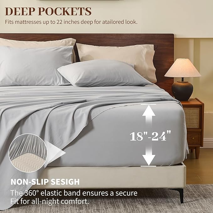 MEISHANG 100% French Pure Linen Sheets Queen Size - Extra Deep Pocket Sheet Set, Soft Durable Flax Linen, Anti-Tear Breathable & Oeko-Tex Certified 18-24 Deep Pocket,All Season(Silver Grey)