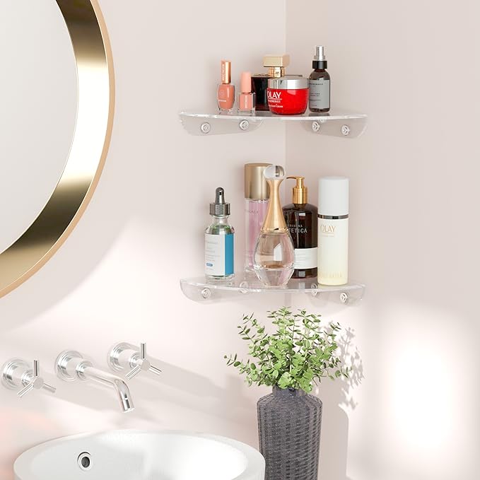 Sezanrpt 7x7 Inch Corner Shelf Wall Mount Set of 2, Acrylic Corner Floating Shelves, Clear Corner Wall Organizer Shelf for Bathroom, Kitchen, Bedroom, Living Room, Dining Room, Office