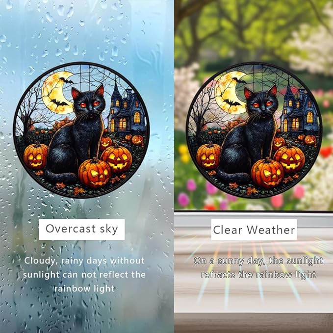 Halloween Sun Catcher - 8 Inch Round Suncatcher for Window Hanging Decoration - Creates Indoor Rainbows Light Refraction - Spooky Ghost, Witch, Pumpkin Design - Suction Cup Hook & Chain