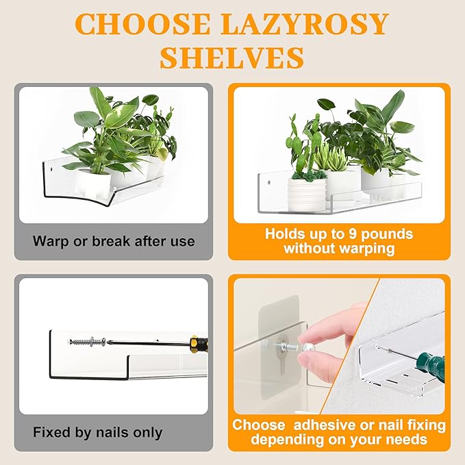LAZYROSY 10 Pack Floating Shelves - Clear Acrylic/PET Wall Mounted Non-Drilling Storage Rack with Adhesive, Invisible Bathroom and Bedroom Shelves for Kitchen, Living Room, Clear Decoration