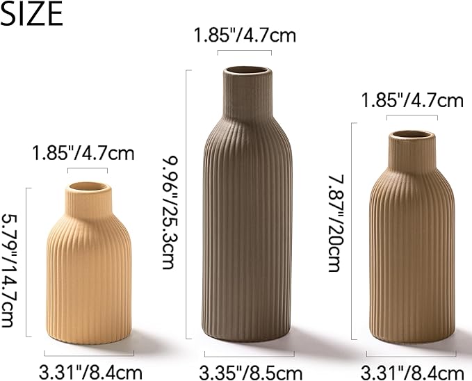 Ceramic Vase Set of 3, Flower Vases for Spring Room Decor, Kitchen Farmhouse, Modern Boho Style(Brown/Dark Brown/Orange)