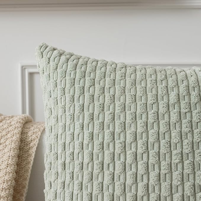 Kevin Textile Pack of 2 Corduroy Decorative Throw Pillow Covers 22x22 Inch Spring Soft Boho Striped Pillow Covers Modern Farmhouse Home Decor for Spring Sofa Living Room Couch Bed Light Green
